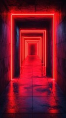 Vibrant neon-lit corridor with reflective flooring in a modern urban environment at night