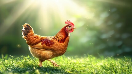 Fototapeta premium Sunny hen in meadow, idyllic rural scene