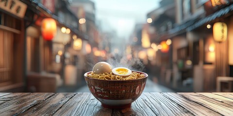 Realistic 3D Icon Cartoon of A Bowl of Ramen with Shiitake Mushrooms and Soft-Boiled Egg on a Wooden Table with a Softly Blurred Japanese Street Background