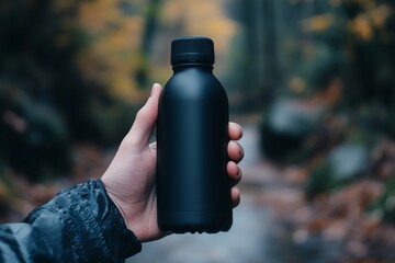 Hand holding a black reusable water bottle.