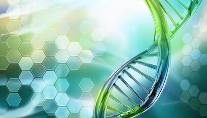 futuristic dna helix with hexagonal molecular structure on a glowing blue-green background, perfect for biotechnology, genetics, and medical research themes