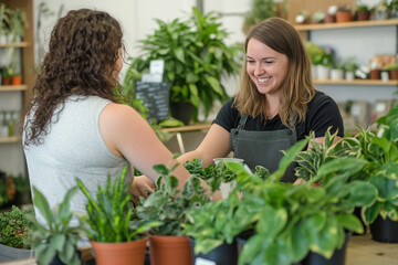 Obraz premium Smiling plant shop employee assisting a customer in a cozy, urban plant store filled with greenery and potted plants. Perfect for business, retail, customer service, and eco-friendly concepts
