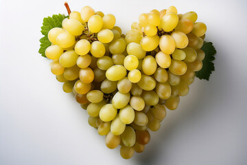 Fotografía profesional, un corazon realizado de uvas blancas, fondo blanco, realista, 4k