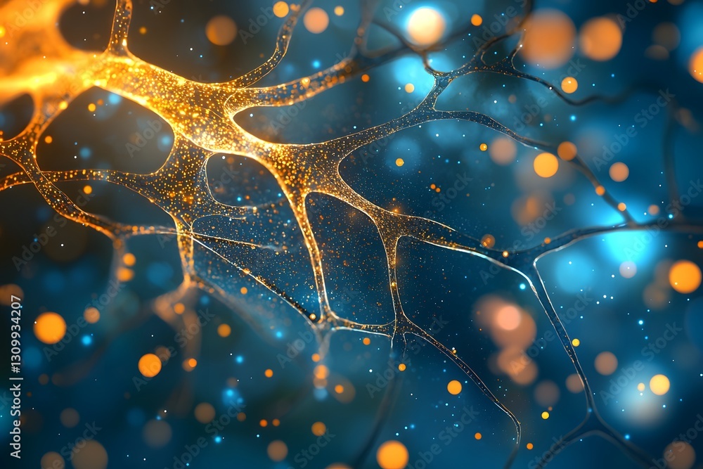 Poster abstract neural network glowing golden neuron branches on deep blue background
