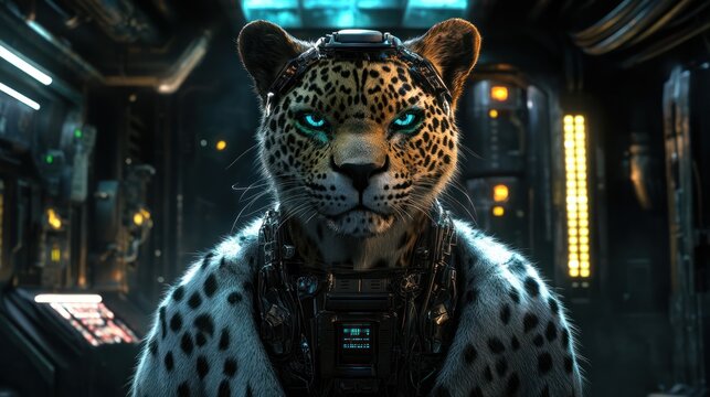Cybernetic Leopard Officer Starship Bridge