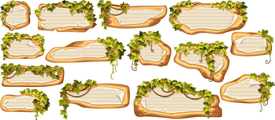 Wooden brown boards with school page in line, ragged graph paper. Set 3d vector blank invitations, maps decorated stems hedera helix, ivy, liana, grapes, vine,  jungle plants.