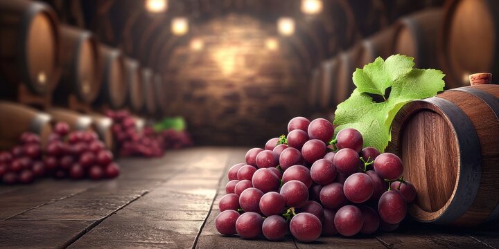 Realistic 3D Icon Cartoon of A Bunch of Ripe Grapes in a Luxurious Wine Cellar Background