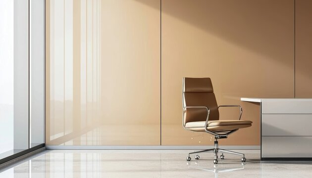 Nameplate on a desk, in an empty office with a chair, defining roles in a professional business environment