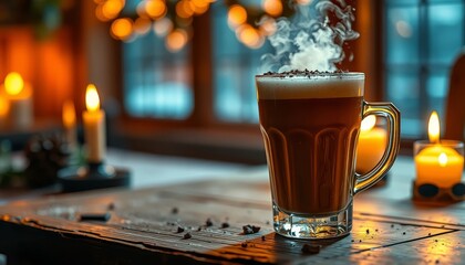 Warm and Cozy Beverage with Steam in a Rustic Atmosphere Setting