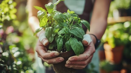 Nurturing Growth. Hands Holding Young Plant in Pot with Soil and Leaves