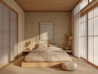 A tranquil bedroom features minimalist design and neutral colors throughout