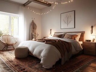 Cozy bedroom featuring a bed rug and decorative lighting fixtures