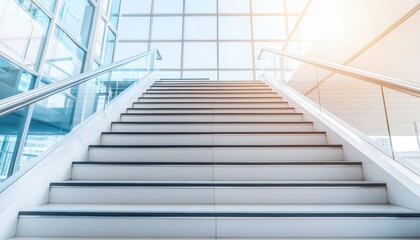 Obraz premium Staircase leading up in a sleek office lobby, with clean lines and light, symbolizing career growth and ambition in a business scene