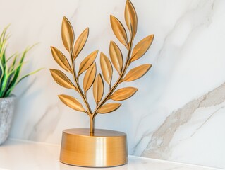 Wall plaque with Employee of the Year text in an office, surrounded by decor, celebrating recognition in a business culture context