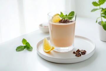 Beautifully presented glass of cacao water with citrus slice and mint leaves, served on a white plate. Natural light highlights its refreshing appearance on a pristine white surface with elegance.