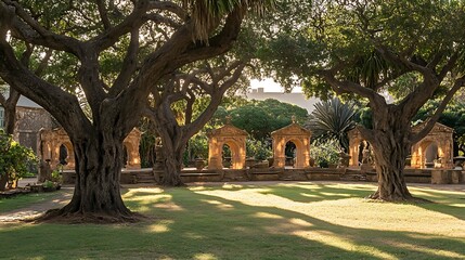 Beautiful park trees and buildings in sunlight