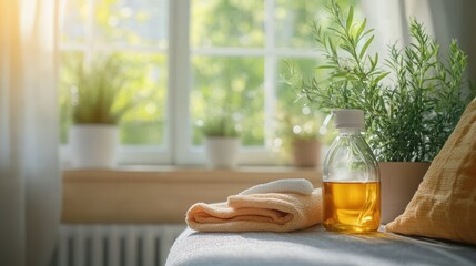 A bright and airy living room during eco-friendly spring cleaning scene includes natural cleaning products like vinegar baking soda essential oils along with reusable cloths potted plant by window