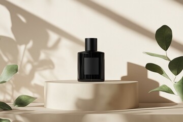 mockup of a plain black perfume bottle neatly placed on a podium on a neutral background, Ai generated Images