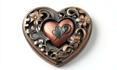 Ornate copper heart decoration with floral detail.