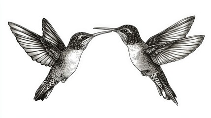 Fototapeta premium A stunning black-and-white close-up captures a hummingbird mid-flight, its wings blur with grace as it glides toward the right. Detailed feathers shimmer against the stark contrast