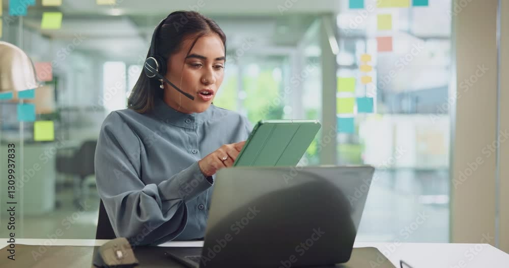 Poster laptop, tablet and woman receptionist with headset in office with online enquiry for client booking.