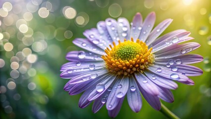 Obraz premium A delicate purple daisy, adorned with glistening dew drops, basks in the soft glow of a sunlit meadow.