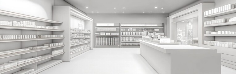 Modern pharmacy interior with shelves and counter.