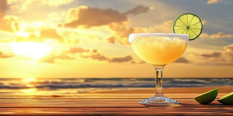 Realistic 3D Icon Cartoon of A Classic Margarita in a Salt-Rimmed Glass on a Wooden Table with a Golden Beach Background