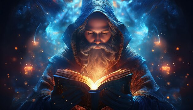 A wise elder wizard studies an ancient book, surrounded by swirling magical auras and lights.