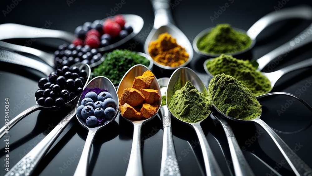 Aufkleber colorful assortment of spices and berries arranged in spoons on a dark background showing culinary c