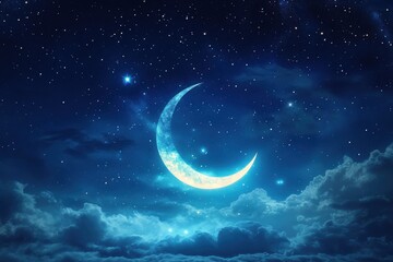 Fototapeta premium Luminous crescent moon under a star-speckled arabian night sky evoking celestial beauty and spiritual serenity in a dreamlike enchanted scene