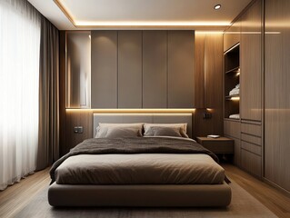 A modern and elegant bedroom showcasing comfortable furniture and design