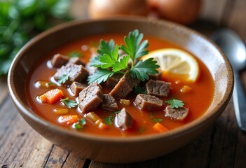 Savory beef soup with diced meat and vegetables in a brown bowl, garnished with parsley and lemon, on a rustic table, copy space