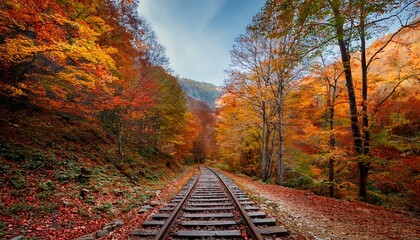 abandoned railway in autumn mountain forest with foliar trees in caucasus mezmay