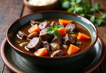 Rich beef soup with chunks of meat and carrots in a turquoise bowl, garnished with mint, on a rustic table, copy space