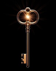 Obraz premium Shimmering Golden Key with Radiant Light on Black Background for Creative Visuals