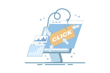 Clickbait concept, Increasing website traffic through clickbait strategy, Clicking on links, Digital advertising tactics, clickbait to Increase click-through rate. Flat vector illustration.
