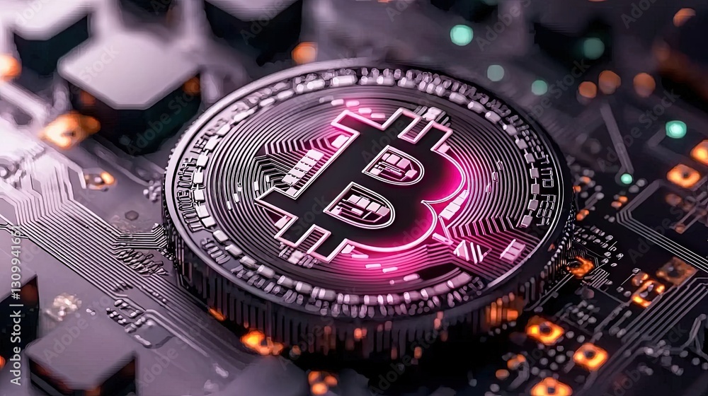 Poster bitcoin digital currency coin on electronic circuitboard close-up with glowing effects