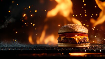 Delicious gourmet burger with cheese and ketchup, sizzling amidst flames, perfect for food lovers and enthusiasts.