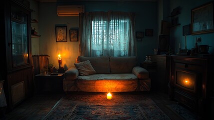 Traditional Pakistani living room during a power outage where a candle illuminates only one corner of the room representing selective attention to a single task