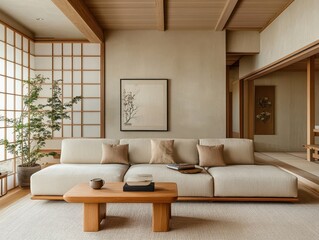 A modern minimalist living room with natural wood features
