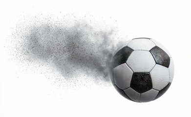 Naklejka premium Disintegrating Soccer Ball: A Powerful Showcase of Motion and Erosion in Grayscale