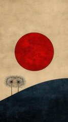 Abstract Illustration of Red Sun and Dandelions on a Textured Background. Simple Japanese art style.