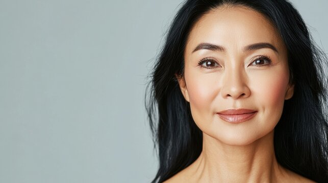 Beautiful Asian woman of middle age posing for beauty portrait. Pretty mature adult lady model from Asia looking at camera smiling on background advertising anti aging skin care. Face skincare