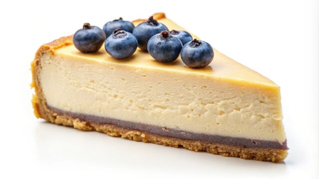 A single slice of creamy cheesecake with blueberries on top, set against a white background. - Powered by Adobe