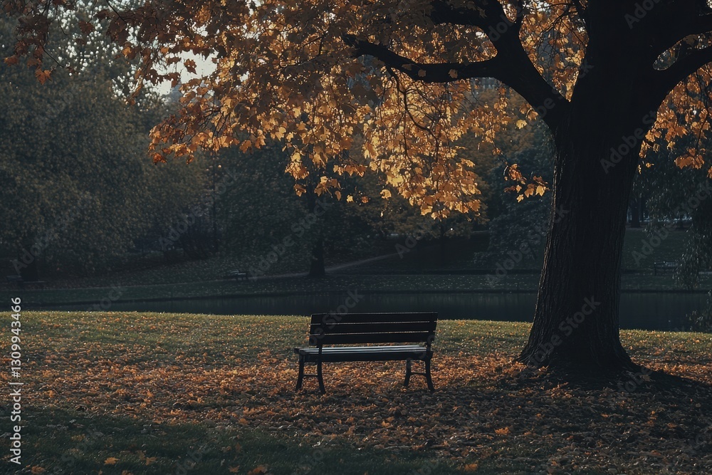Aufkleber Solitary bench beneath a tree in a quiet park adorned with fallen leaves during soft autumn light Generative AI