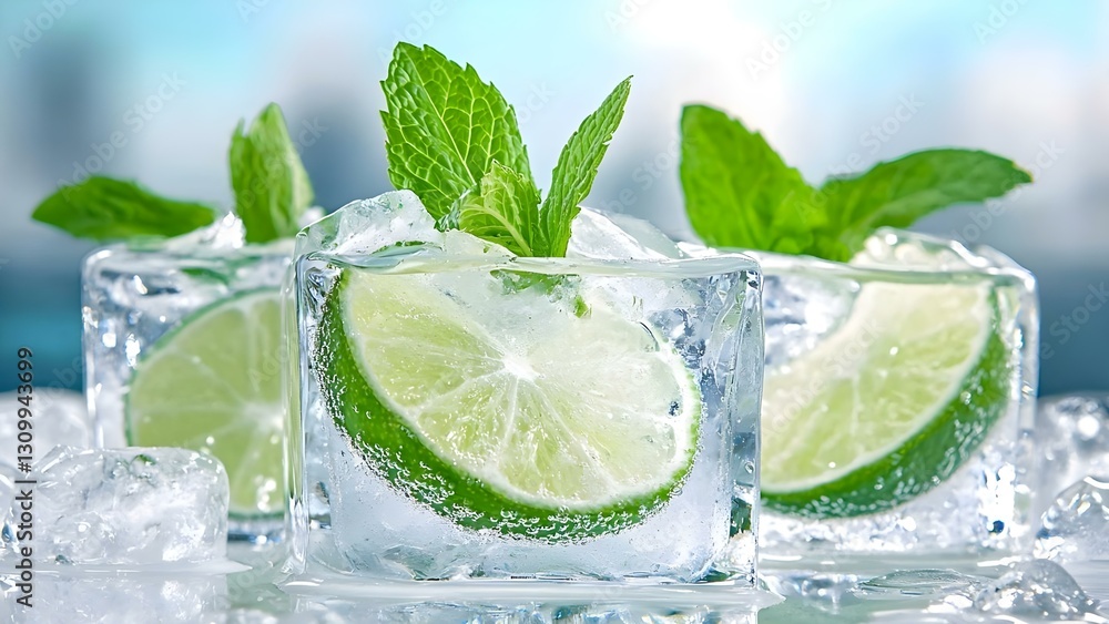 Poster three ice cubes with fresh lime slices and mint leaves, surrounded by ice, creating a refreshing dri