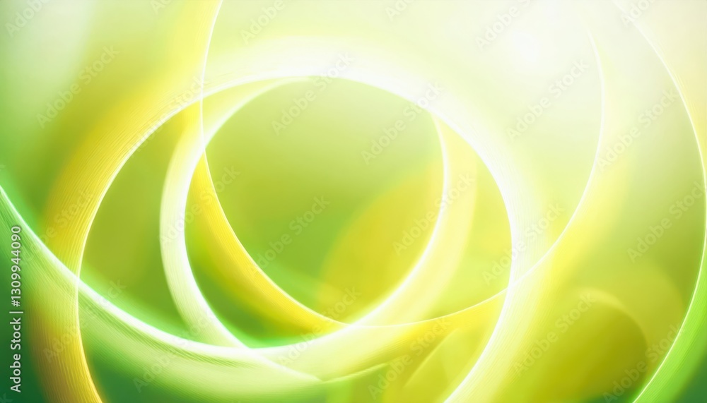 Poster glowing energy vortex with abstract circular light waves in green and yellow hues, futuristic motion