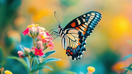 Naklejka premium Colorful Butterflies on Abstract Vibrant Background: Nature and Art Fusion in Stock Photography