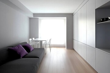 Modern, minimalist apartment interior with a bright, spacious living area featuring a light-toned color scheme, a simple sofa, and a small dining table.